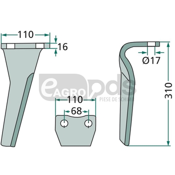 Dinte pentru grapa rotativa - GRANIT [180RH-68-L-DURA]