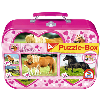 Cutie pentru puzzle-in cutie metalica, cai, 2 x 26, 2 x 48 piese - Schmidt [60055588]