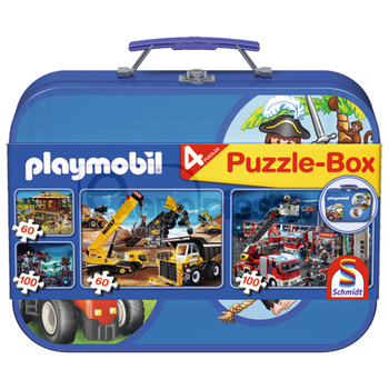 Cutie pentru puzzle-in cutie metalica, playmobil, 2 x 60, 2 x 100 piese - Schmidt [60055599]