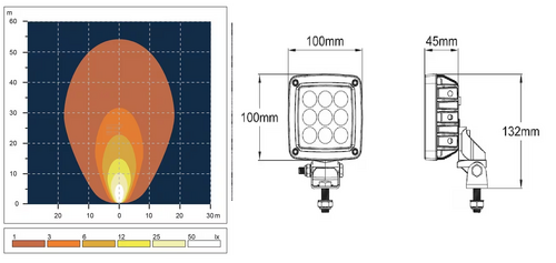 Lampa de lucru led 27w 3000lm dreptunghiulara 10 30v alba 100x100x81mm mufa deutsch tip flood 9 led uri kramp - KRAMP [LA10555]