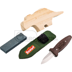 Set taieri, incl. cutit din otel inoxidabil cu maner din lemn, lemn brut, piatra abraziva si etui din nylon, neomologat en71 - Scout [60099013]